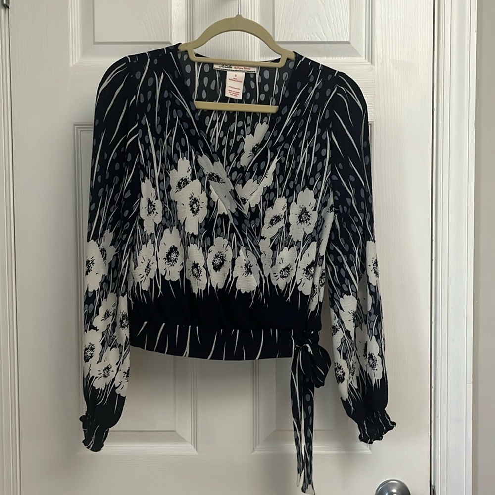 Flying tomato navy faux wrap blouse S